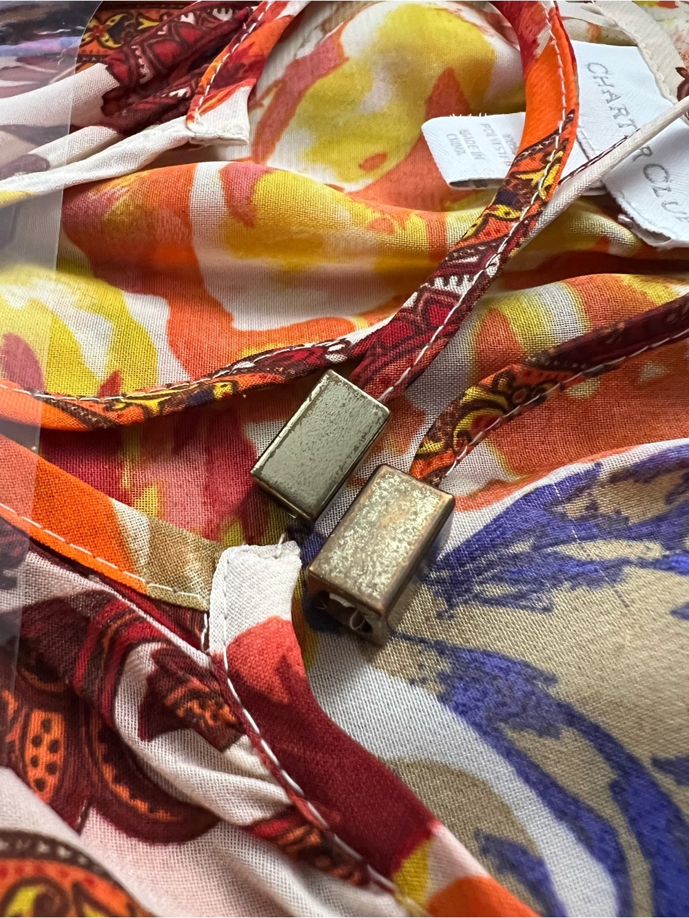 Charter Club Floral Peasant Blouse Boho Orange Beige Tie Neck Sheer Sleeve Top L - Picture 9 of 10